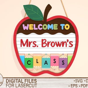 Bem-vindo à nossa sala de aula Moldura de sinal da Apple SVG, Classe de professor Laser SVG, Papel para porta de caderno de sala de aula Arquivo de corte a laser, Design Glowforge