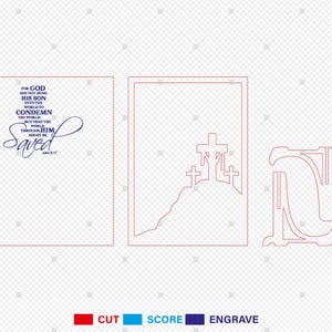 May include: A digital cut file design for a card featuring a cross with the text "For God did not send his son into the world to condemn the world, but that the world might be saved through him." John 3:17