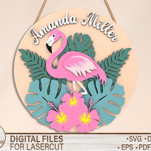 May include: A pink flamingo with green tropical leaves and pink flowers. The text "Amanda Miller" is written on the wooden background.