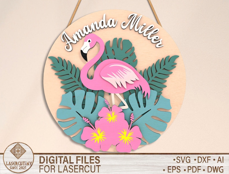 May include: A pink flamingo with green tropical leaves and pink flowers. The text "Amanda Miller" is written on the wooden background.
