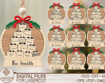 Personalized Gift Box Ornament Laser Cut File, Family Christmas Ornament SVG,  Custom Name Ornament 2025, Glowforge File Svg