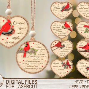 Op de afbeelding: Houten hartvormige en cirkelvormige ornamenten met rode kardinaalvogelontwerpen en verschillende zinnen. De lasergesneden ornamenten bevatten tekst zoals "Cardinals appear when angels are near". De afbeelding bevat ook de tekst "DIGITAL FILES FOR LASERCUT".