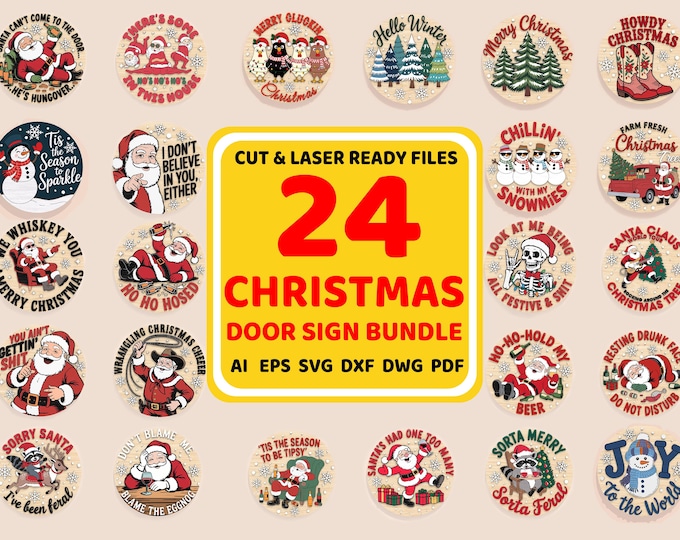 Christmas Laser Sign Bundle 3, Round Door Hanger, Glowforge Laser File ...