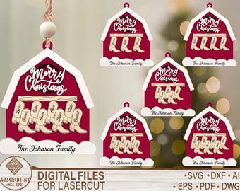 Cowboy Boots Family Ornament SVG, Western Christmas Ornament, Personalized Name Farmhouse Decor, Laser Cut File Glowforge
