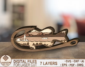 9 Gelaagd Vissen Largemouth Bass Fish Art Decor, Glowforge bestanden, Bass Fish SVG, Pdf, Ai, dxf, eps, DWG - Multilayer