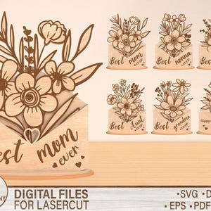 Segno per la festa della mamma in formato SVG, file tagliato al laser, porta carte regalo per la festa della mamma in formato SVG, regalo per la mamma in formato SVG, bouquet di fiori con supporto in formato SVG, file tagliato al laser