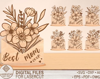 Mother's Day Sign Svg, Laser Cut File Mother’s day gift card holder SVG, Gift For Mom SVG, Flower Bouquet with Stand Svg Laser Cut File