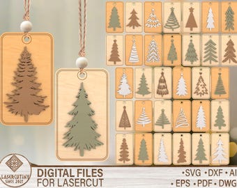 Christmas Tree Ornament Tag Laser Cut File, Holiday Gift Tag SVG, Layered Wood Decoration Template for Glowforge Cricut Silhouette
