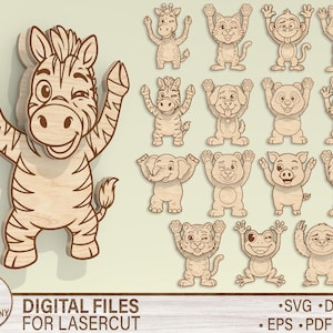 Cartoon Zoo Animal Fridge Magnet SVG Bundle, Cute Animal Magnet Laser Cut Files, Zebra Lion Elephant Giraffe Wooden SVG for Cricut Glowforge