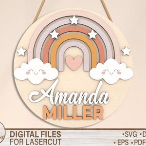 May include: A wooden rainbow with pink, orange, and yellow stripes, two white clouds with smiling faces, and a pink heart. The rainbow has a white background with the name "Amanda Miller" written in a cursive font.