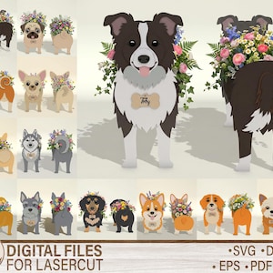 Könnte beinhalten: Digitales Dateiset für Laserschneiden mit verschiedenen Hunderassen, jeweils mit Blumenschmuck verziert. Die Hunde sind im Cartoon-Stil, mit einer Vielzahl von Farben und Posen. Der Text "DIGITAL FILES FOR LASERCUT" ist zu sehen.