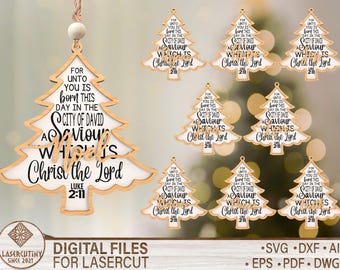 Adorno navideño cristiano para árbol de Navidad en formato SVG, versículo bíblico Lucas 2:11, archivo para corte láser, adorno navideño de la Natividad en formato SVG para Glowforge y Cricut.