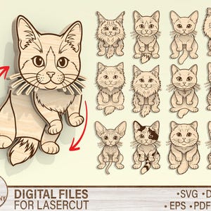 Puede incluir: Recorte de gato de madera con cola móvil y una colección de diseños de gatos ilustrados. El texto "Shake my!" está junto al recorte. También se ven las palabras "DIGITAL FILES FOR LASERCUT".