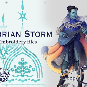 Puede incluir: Archivos de diseño de bordado para un personaje de fantasía llamado Dorian Storm. El diseño presenta un elfo de piel azul tocando un laúd con una capa amarilla y azul. El diseño mide 12,7 cm por 17,8 cm y requiere varios aros.