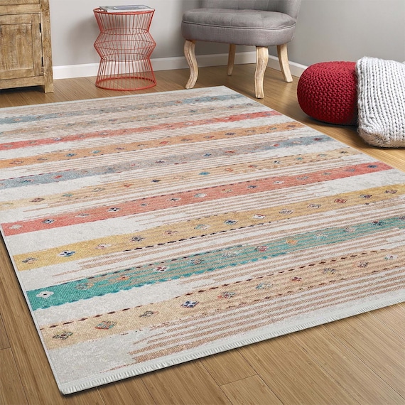 Boho Kids Room Rug, Pastel Colorful Kilim Bohemian Rainbow