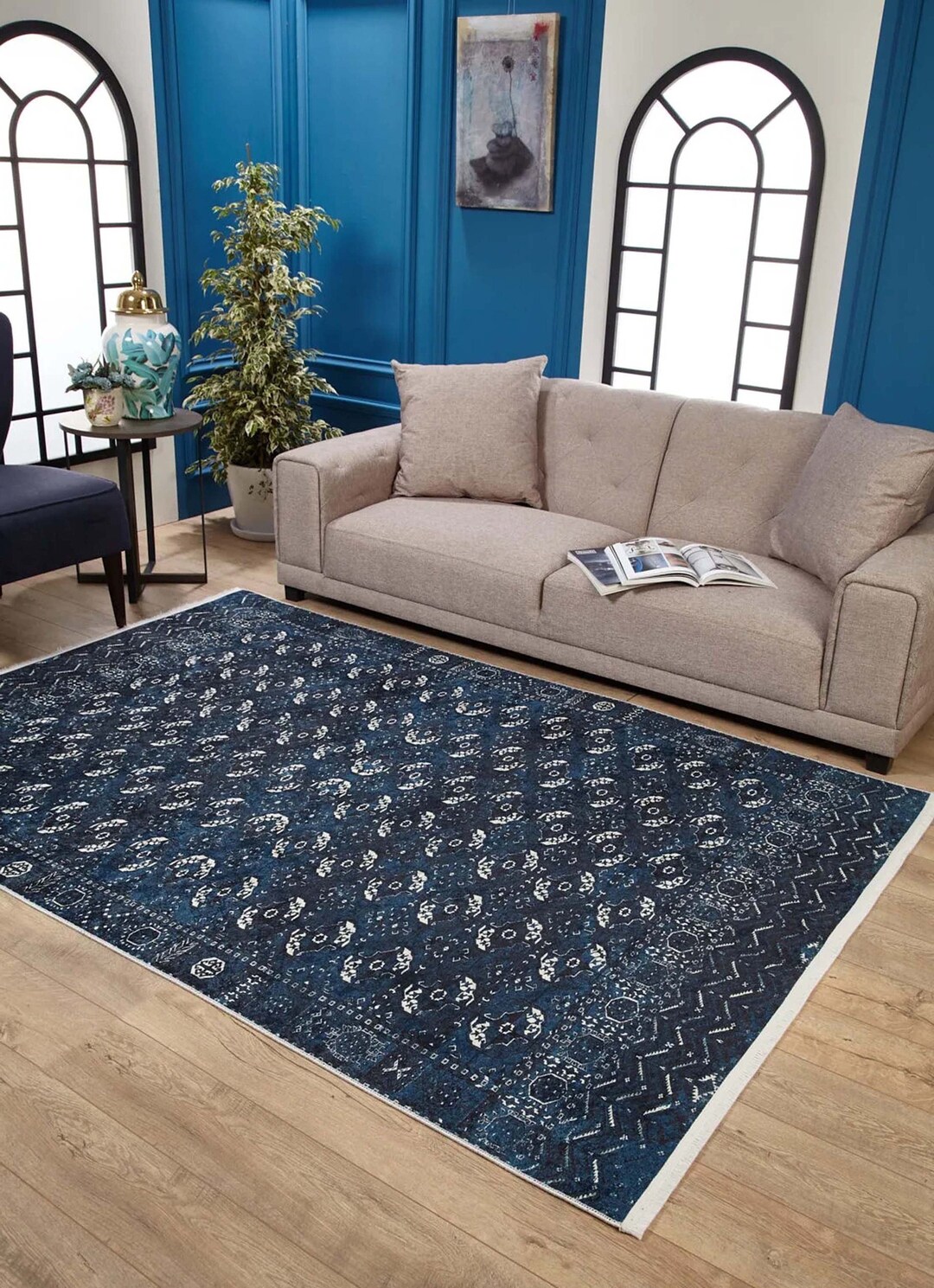 Navy Blue Modern Vintage Rug, 8x10 6x9 5x8 4x6 Traditional Oriental