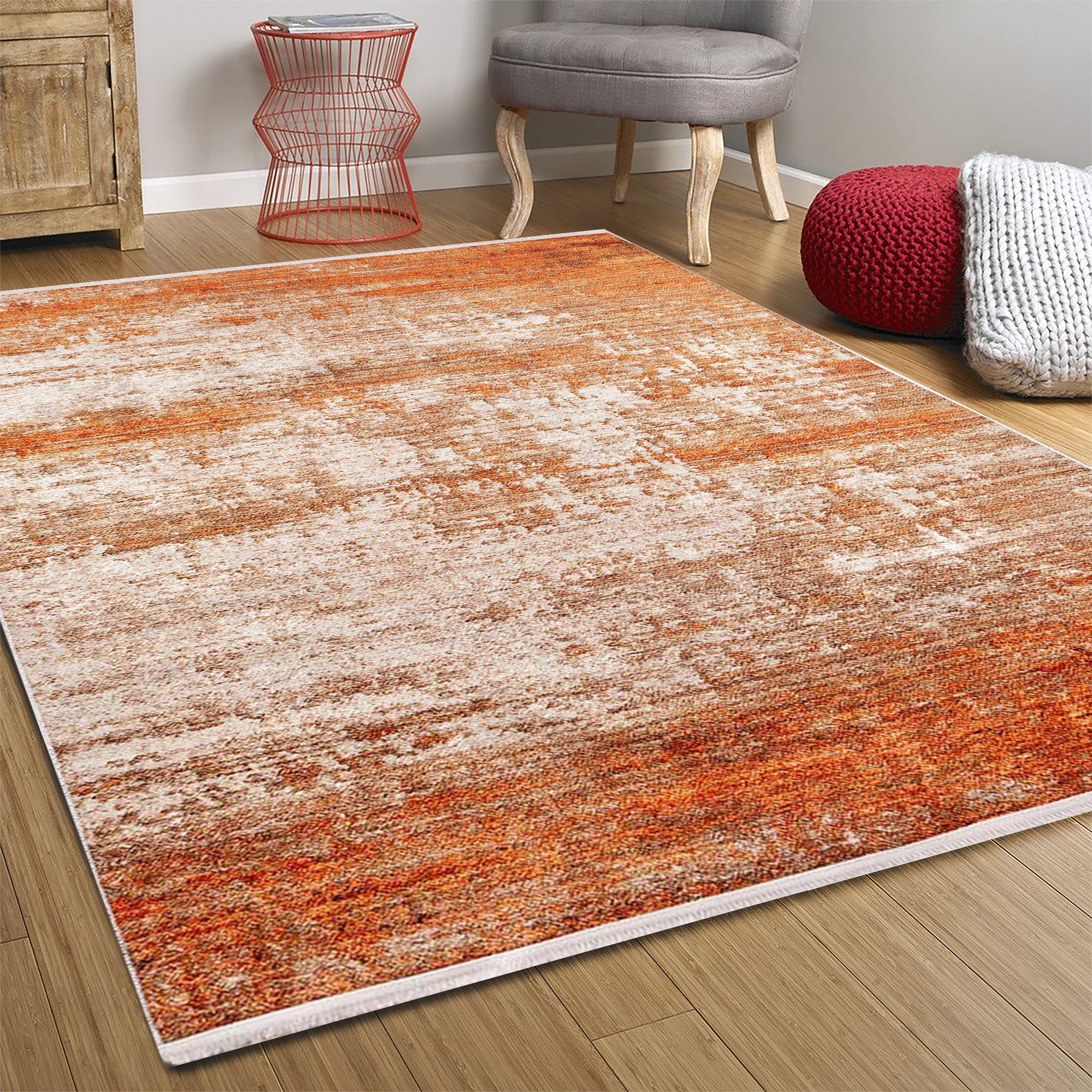 Stylish Abstract Rug Orange Industrial Rug Polyester Washable Anti-Slip  Backing Area Rug for Living Room - Clearhalo