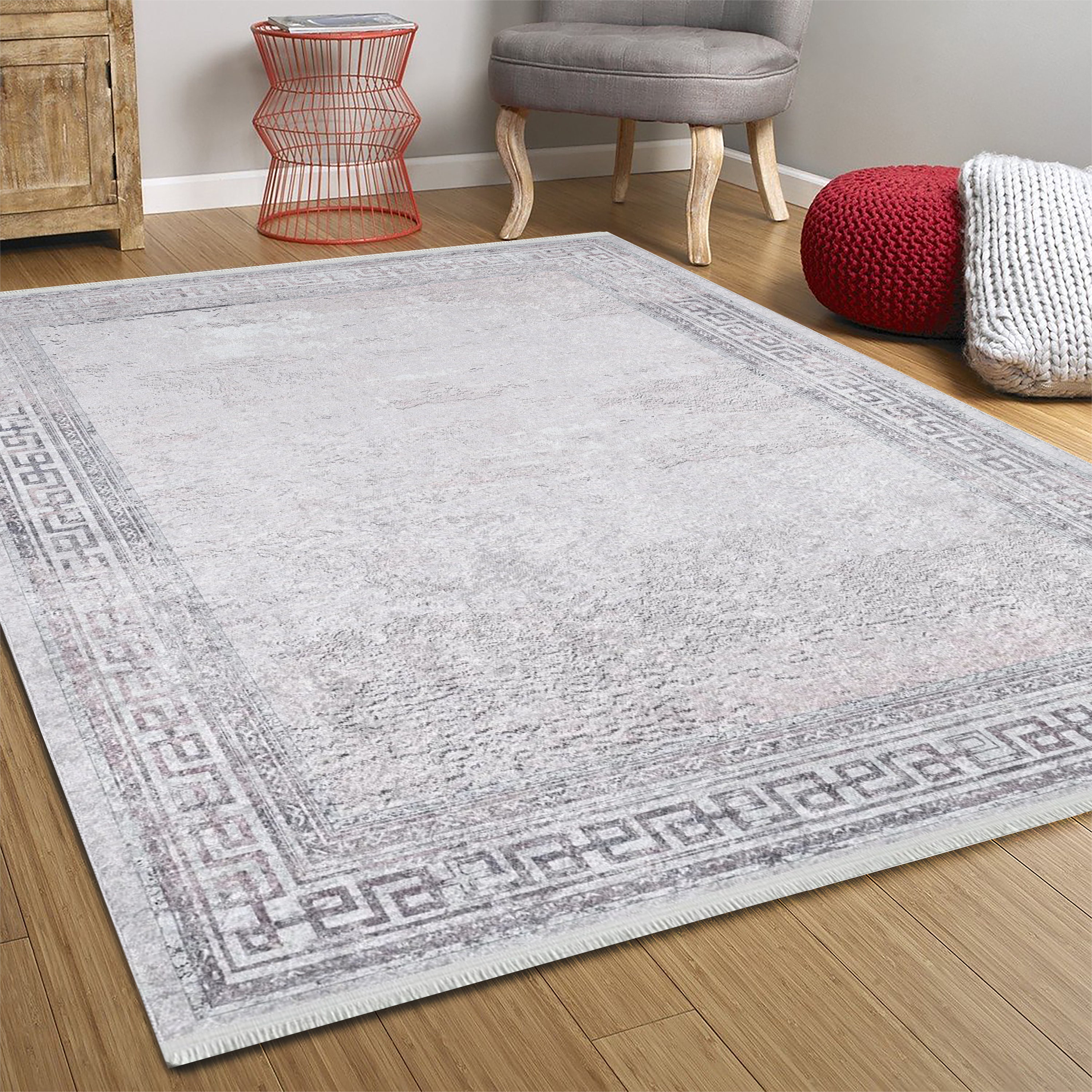 Greek Key Border Solid Rug White Light