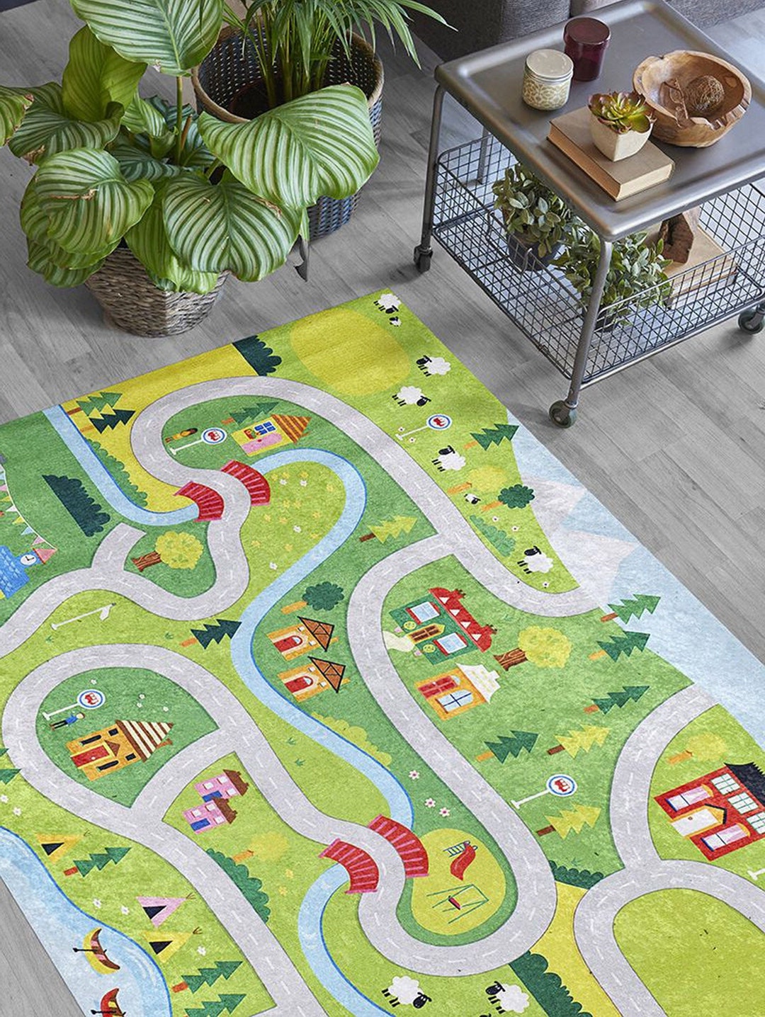 City Traffic Green Rug, Town Boy Girl Farm Road Map Play Kids Playing