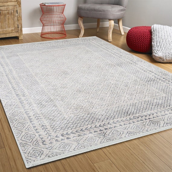 Neutral Distressed Turkish Rug, White Gray 10x13 9x12 8x10 Oversized Area  Rugs Boho Geometric for Living Dining Room Bedroom Entryway Tapis 