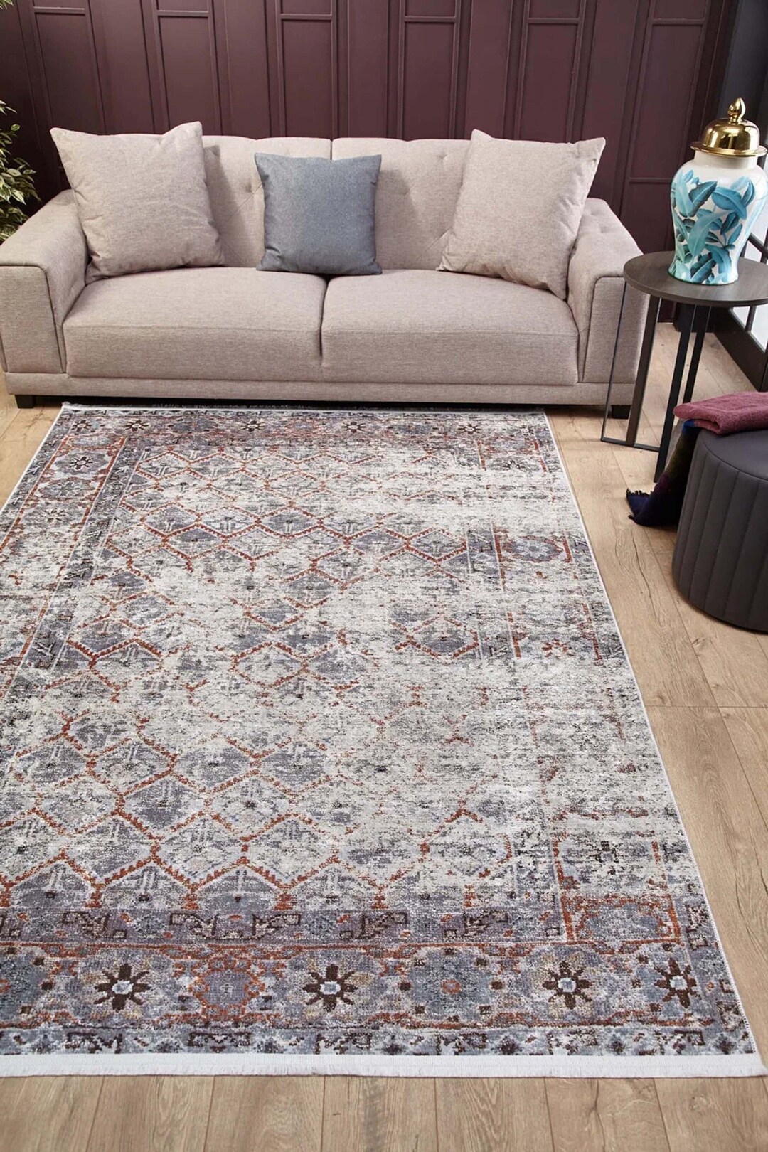 Distressed Gray Turkish Rug Grey Rust Orange Floral Geometric - Etsy