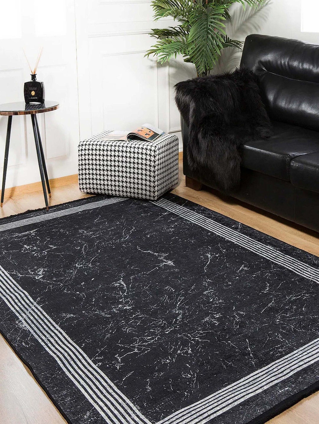 Modern Black Rug, Marble Border Area Rugs 8x10 6x9 5x8 4x6 Geometric