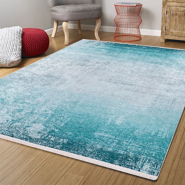 Luxury Turquoise Rug, Beach Aqua Ocean Abstract Oversized Area Rugs 10x14 9x12 8x10 Modern Farmhouse Decor Living Room Bedroom Dining Lounge