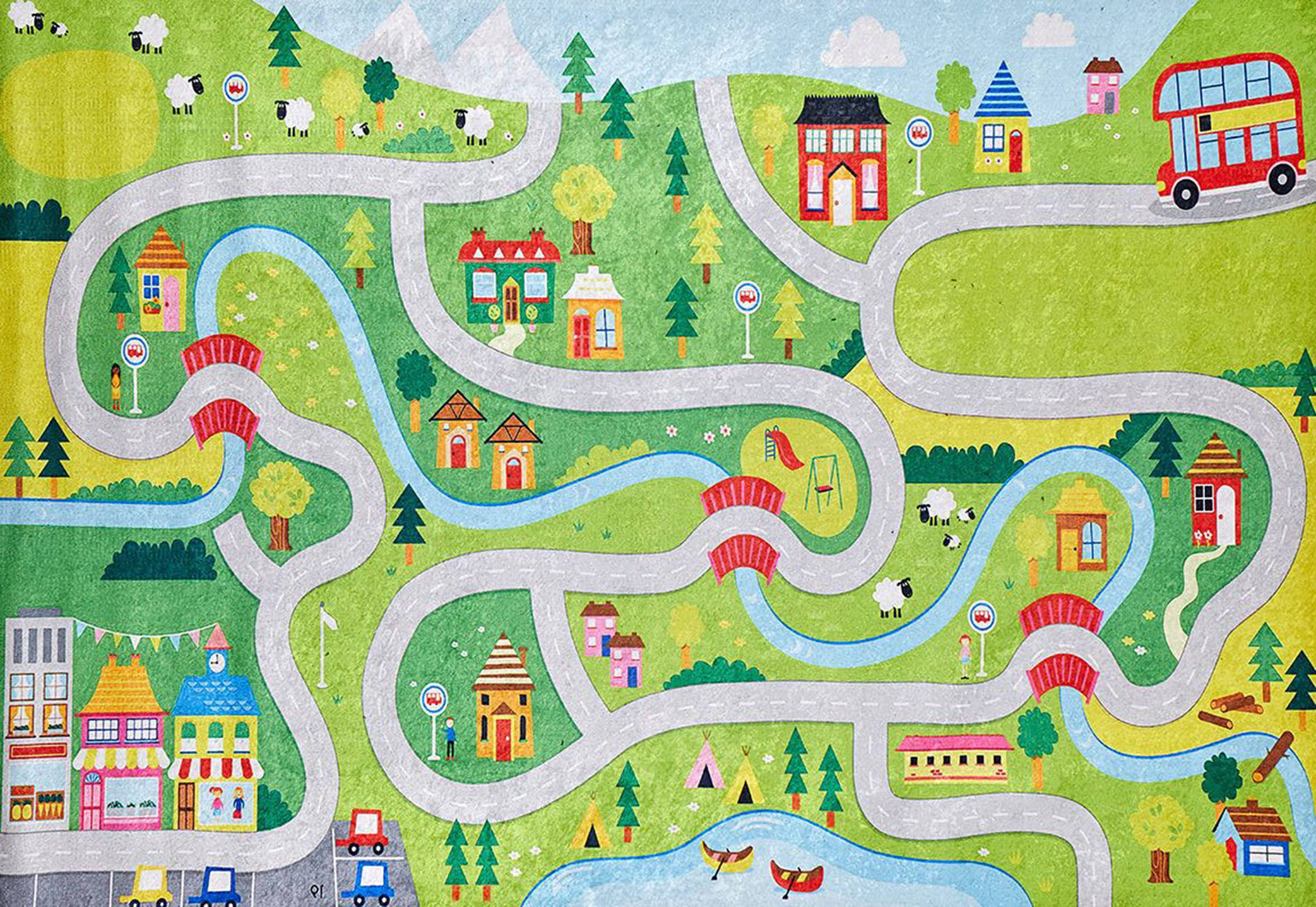 Alfombra de juego infantil Village City Roads Mapa Tren Pistas de Coches (8  pies x 10 pies)