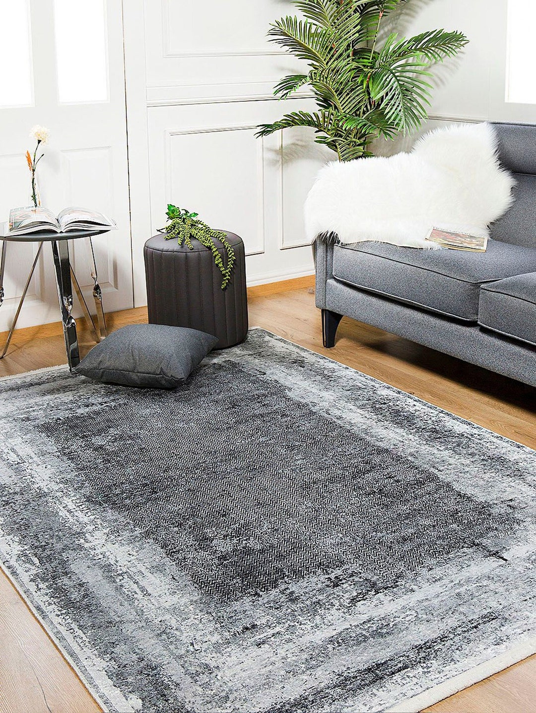 Distressed Neutral Gray Rug, Abstract Vintage Oversized Area Rugs 8 X