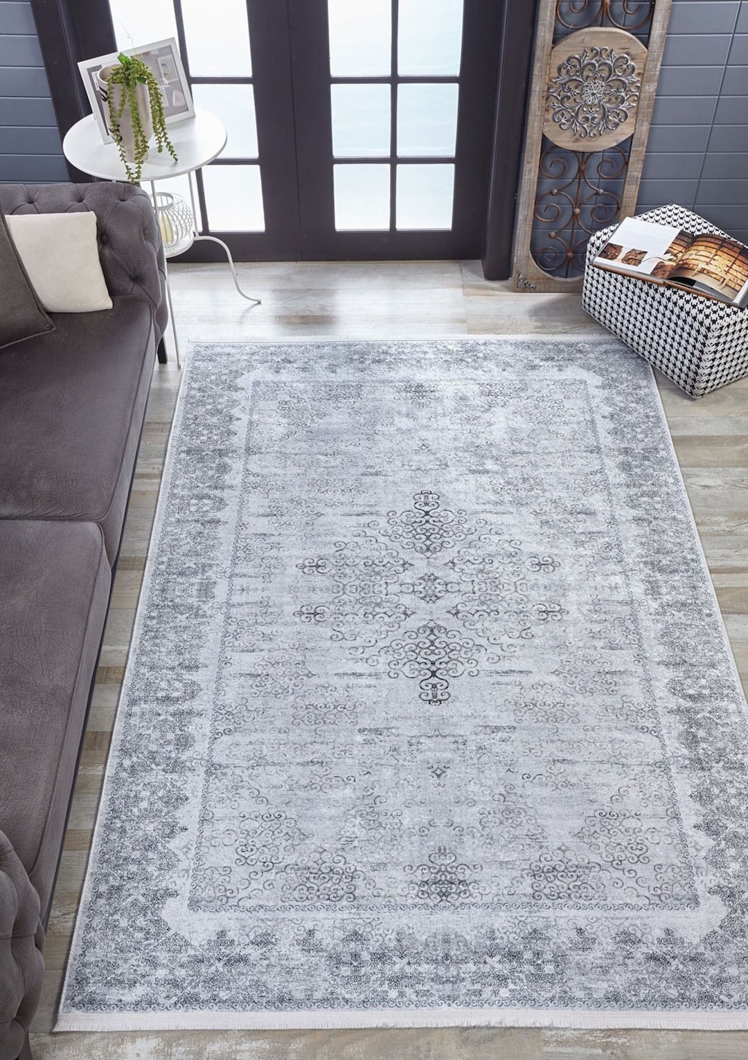 Neutral Gray Oriental Rug, Distressed Grey Area Rugs 8x10 6x9 5x8 5x7