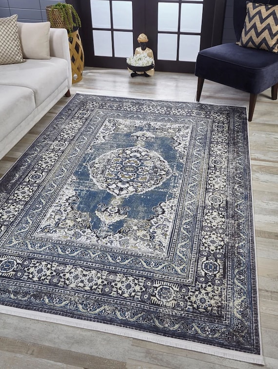 Oriental Persian Rug Navy Blue Medallion 8x10 7x10 6x9 5x8 Etsy