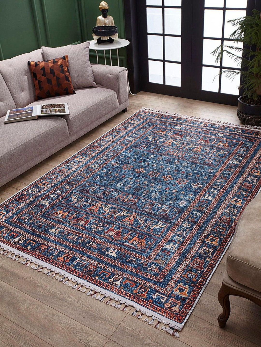 Turkish Blue Rug, Ethnic Oriental Area Rugs 8x10 6x9 5x8 4x6 Kilim