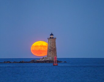 Full Moon Over Whaleback Lighthouse Maine - Maine Landscape Photograph - Maine Lighthouse Print - Maine Wall Art