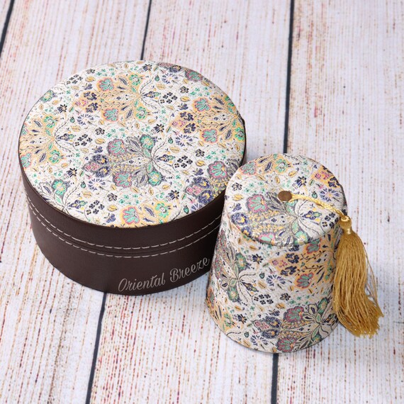 Fez and Round Ramadan Gift Boxes, Leather and Damask Decoration