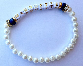 Marquette University Golden Eagles faux pearl & rhinestone custom college spirit beaded bracelet