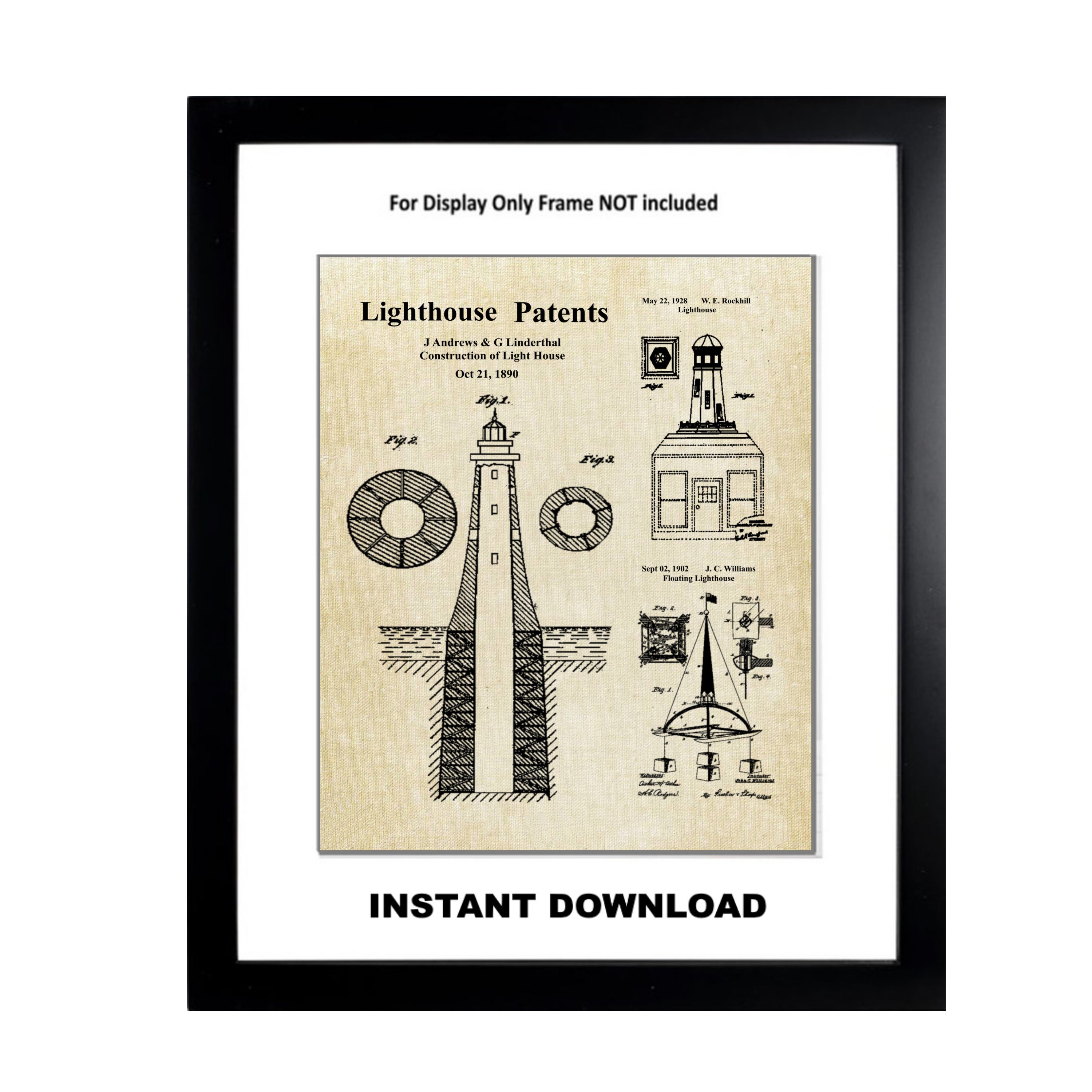 Printable Patent Art Prints Vintage Nautical Wall Décor US Original Lighthouse Patent Aged Look ...