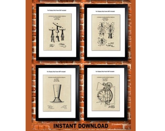 May include: Set of four vintage patent prints featuring illustrations of different tools. The prints are framed in black and displayed against a brick wall. The text "For Display Only Frame NOT Included" and "United States Patent Office" is visible on each print. The text "INSTANT DOWNLOAD" is displayed at the bottom of the image.