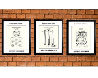 Set di 3 stampe di brevetti di baseball, guantone vintage, mazza e palla (download digitale)