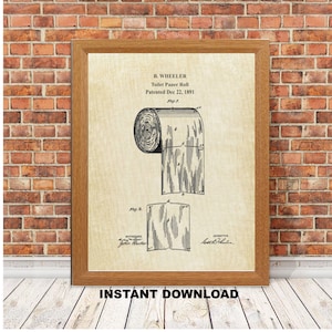 Funny Bathroom Printable Wall Art Toilet Paper Roll Patent  Digital Artwork