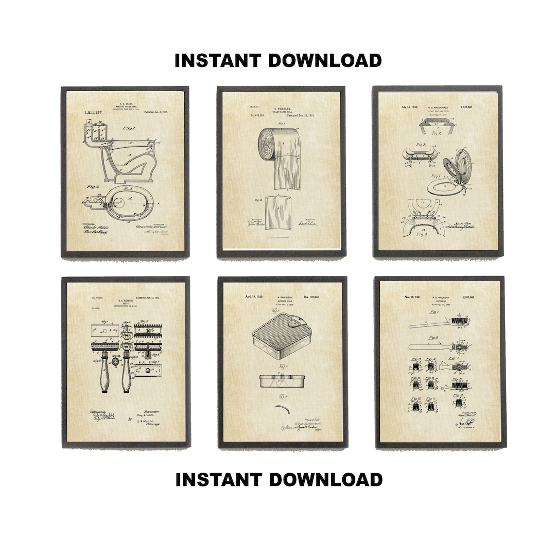 Bathroom Art Printable Digital Download Set of 6 Vintage Patent Prints