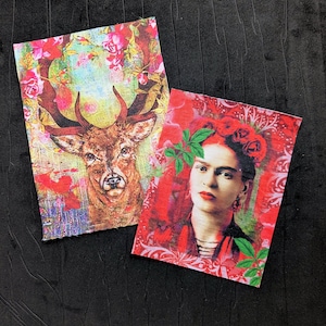 Può includere: Due stampe artistiche rettangolari. Una presenta un cervo con grandi corna, circondato da elementi floreali. L'altra stampa mostra un ritratto di una donna con fiori rossi tra i capelli e rossetto rosso. Entrambe le stampe hanno un'estetica vintage.