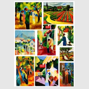 以下が含まれることがあります： 鮮やかな色彩の表現主義絵画のコレクション。大胆な筆致と鮮やかな色合いで風景、人物、シーンを描いています。1つの絵には「MODE」という文字があります。絵画は様々なサイズと向きで描かれています。