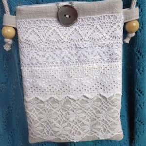 Bolso pequeño de tela, estilo novia, lino antiguo, LARP vintage, encaje de bolillos, smartphone/teléfono móvil, mano de obra de muy alta calidad *14