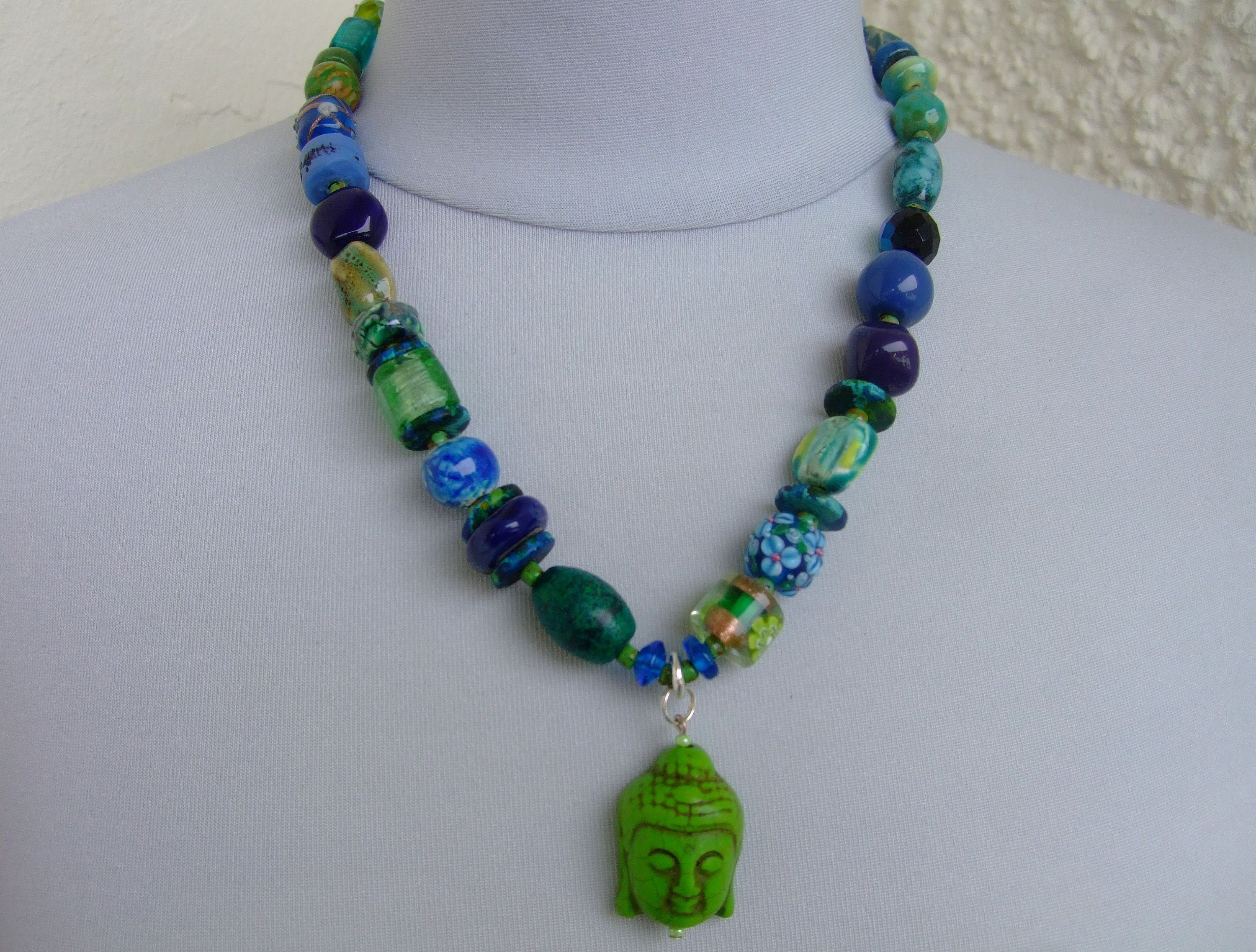 Collier Vintage Perles, Turquoise, Os Et Tête De Bouddha - Occasion Excellent état, Bijou Ethnique