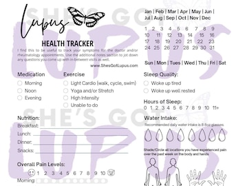 May include: A printable health tracker for people with lupus. The tracker includes sections for medication, exercise, sleep quality, hours of sleep, water intake, overall pain levels, symptoms, and additional notes. The tracker is designed to help people with lupus track their symptoms and communicate with their healthcare providers.