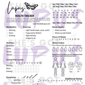 May include: A printable health tracker for people with lupus. The tracker includes sections for medication, exercise, sleep quality, hours of sleep, water intake, overall pain levels, symptoms, and additional notes. The tracker is designed to help people with lupus track their symptoms and communicate with their healthcare providers.