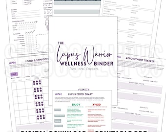 May include: A collection of printable PDF pages for a Lupus Warrior Wellness Binder. The pages include trackers for health, medication, food, symptoms, appointments, and surgery. The text "Digital Download - Printable PDF" is at the bottom.