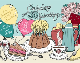 50. Geburtstag - individuelle Geburtstageinladung Kaffee & Kuchen - Geburtstagskaffee-Einladung im Set 10x/20x/30x/40x/50x