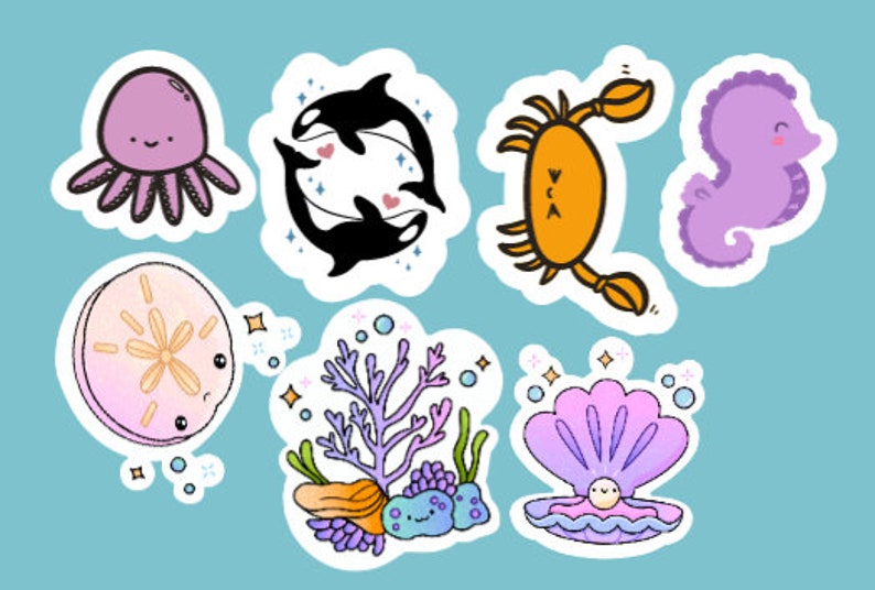 Cute Ocean Animals Stickers Water Bottle Sticker Etsy