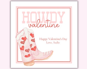 Kids Printable Howdy Valentine Card for Valentine's Day with Watercolor Pink Cowgirl Boot, Digital Download Party Favor Tag